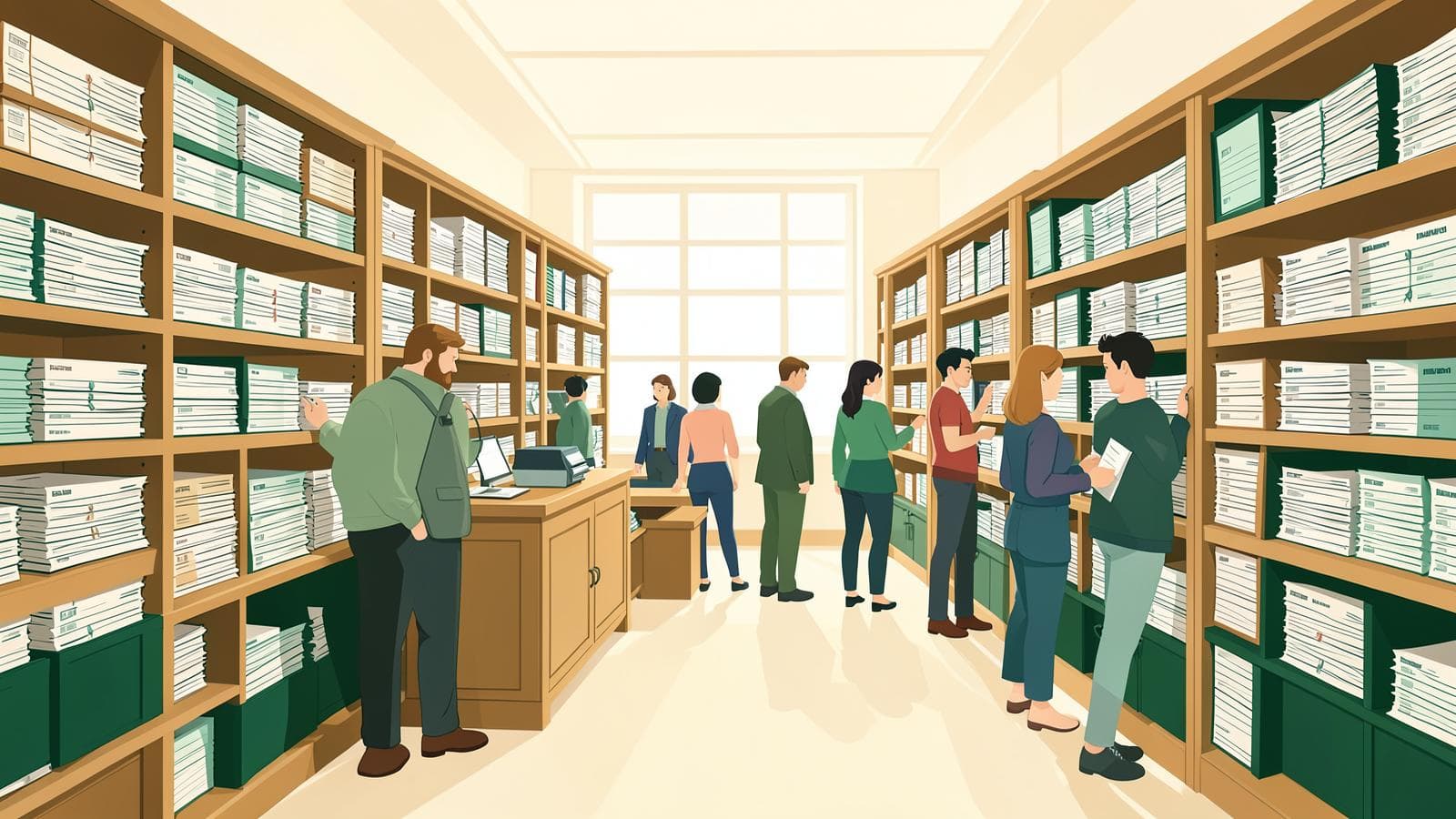 Illustration of students browsing shelves of exam papers in an archive