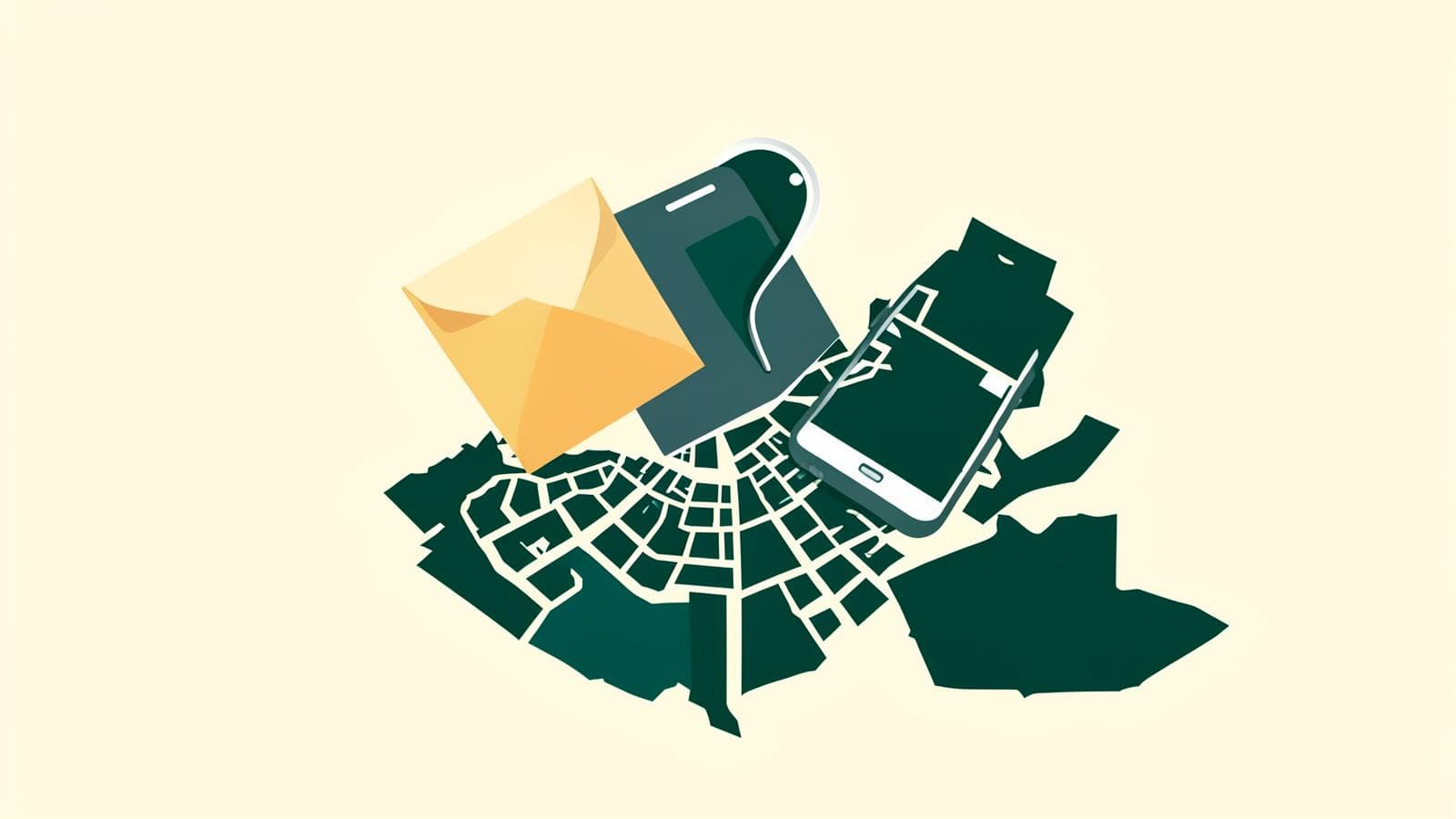 Illustration of an envelope, phone and map pin