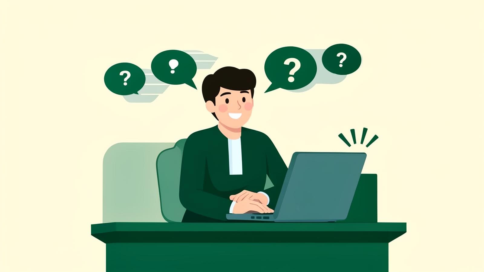 Illustration of a support agent answering questions at a laptop